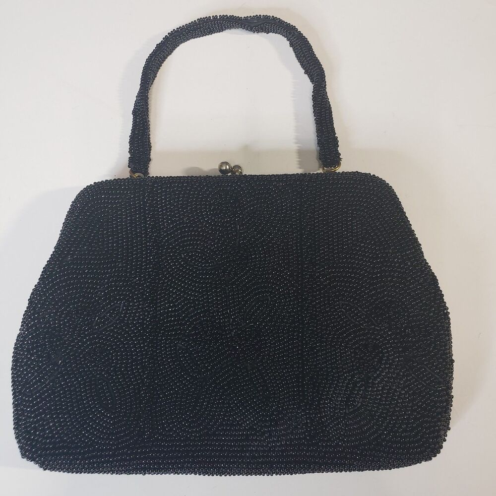 Beautiful Vintage Safco Small Black Beaded Bag Purse Made in Japan Kiss Closure
